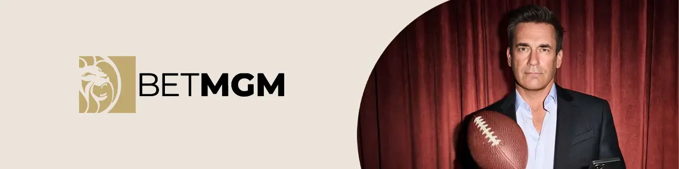 BetMGM banner showing a man in a suit holding a ball