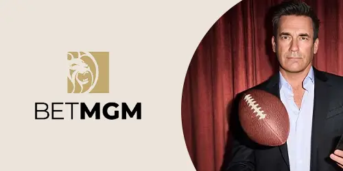 BetMGM banner showing a man in a suit holding a ball