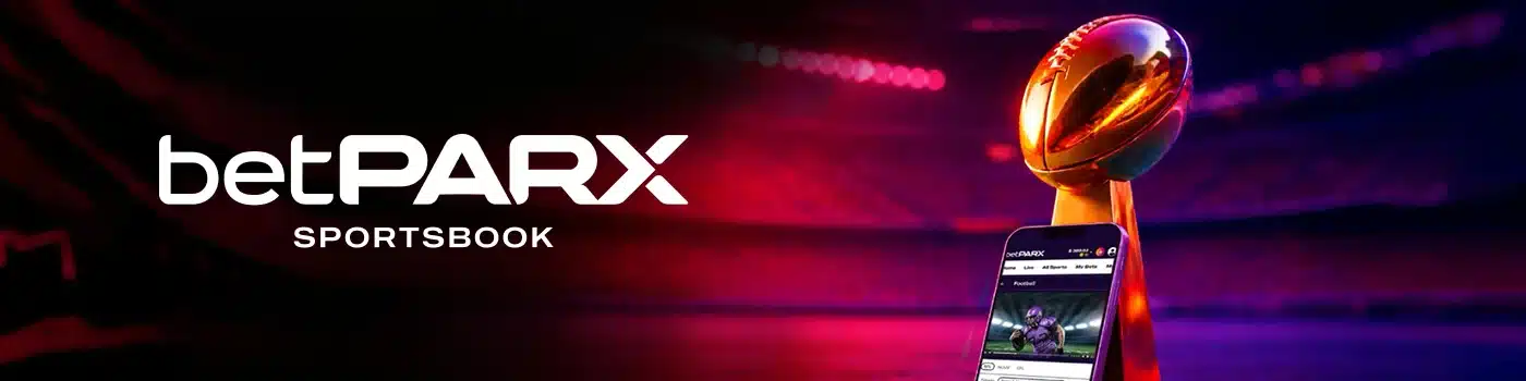 betPARX sportsbook banner showing the brand logo and a phone leaning against a gold trophy