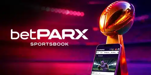 betPARX sportsbook banner showing the brand logo and a phone leaning against a gold trophy