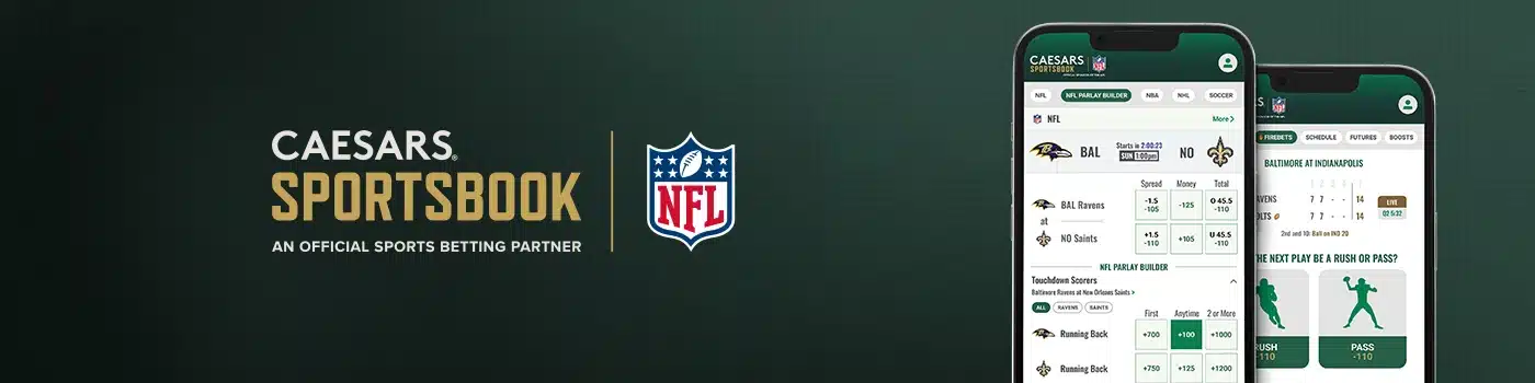 Caesars sportsbook banner showing two phone screens that are open to the Caesars site