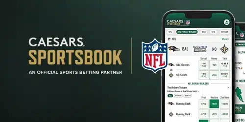 Caesars sportsbook banner showing two phone screens that are open to the Caesars site