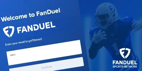 FanDuel sportsbook banner showing an athlete with a ball and the signup process to the site